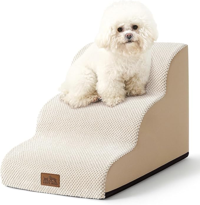 Dog Stairs for Small Dogs 15.7" H, Curved Dog Step for Puppy, Older Cat, Medium Pet Ramp for Sofa, Couch or Chair, Ladder with High Density Foam, 15.7x22.4x15.7 inch, 3 Step, Beige-PurrikoPets