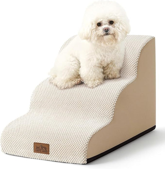 Dog Stairs for Small Dogs 15.7" H, Curved Dog Step for Puppy, Older Cat, Medium Pet Ramp for Sofa, Couch or Chair, Ladder with High Density Foam, 15.7x22.4x15.7 inch, 3 Step, Beige-PurrikoPets