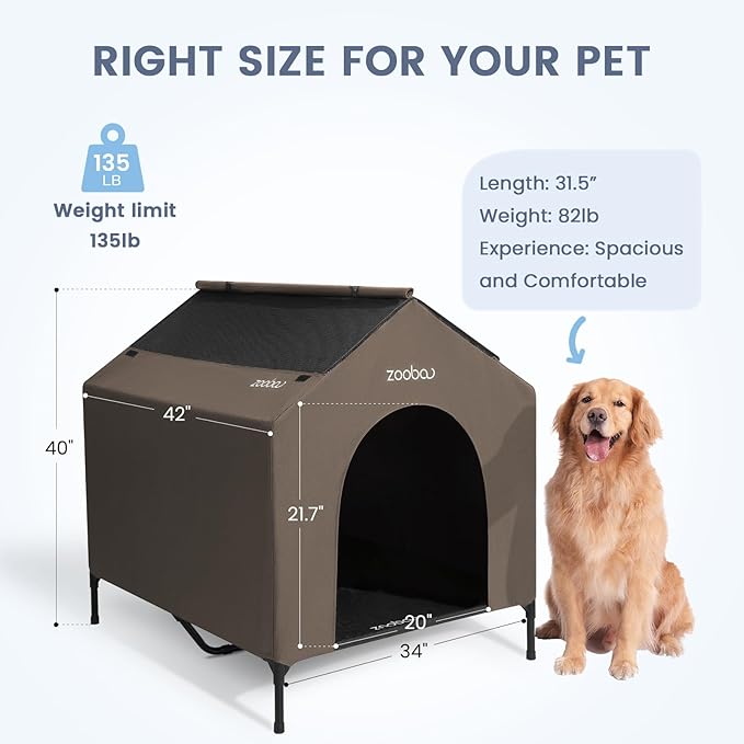 42" 2-in-1 Dog House for Medium Dogs, Elevted Dog House Outdoor/Indoor, Puppy Shelter Outside,Water Resistant 600D PVC and Durable 2x1 Textilene Raised Dog Bed(Brown)-PurrikoPets