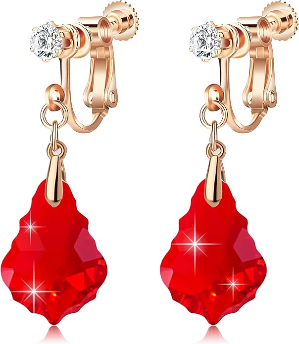Austrian Crystal Baroque Drop Clip On Dangle Earrings for Women Non Pierced 14K Rose Gold Plated Hypoallergenic Jewelry