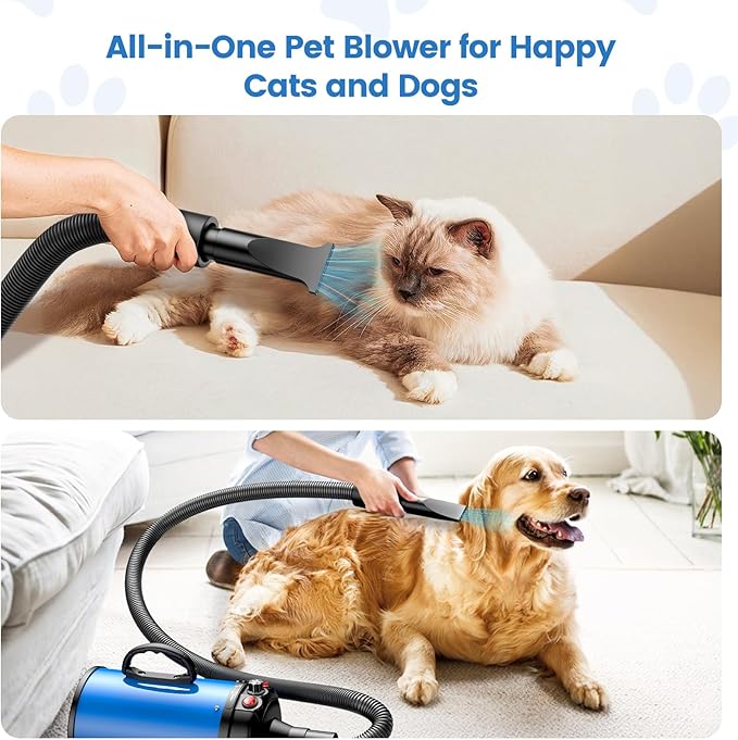 Dog Dryer, 5.2HP/3800W High Velocity Dog Hair Dryer with 4 Nozzles, Stepless Adjustable Speed & Temperature Control, Low Noise Professional Dog Grooming Dryer (Blue)-PurrikoPets