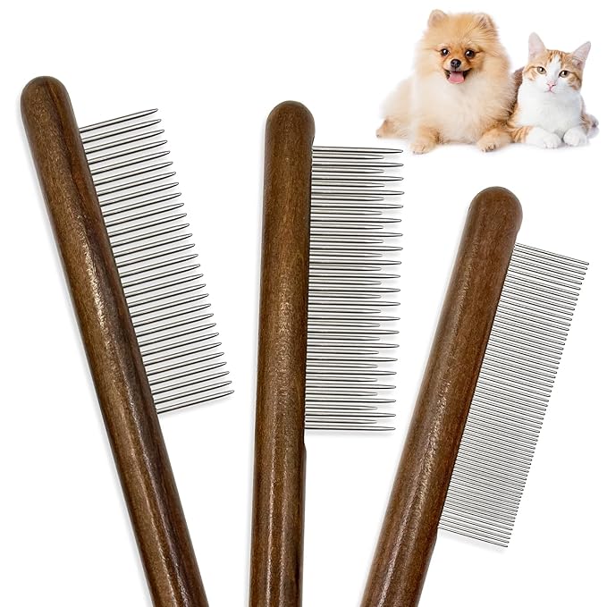 3 Pack Solid Wood Cat Combs, Stainless Steel Teeth for Cat Dog Rabbit Massage, Flea Lice Comb Removes Mats, Tangles and Loose Fur, Grooming Comb for Small Medium Pets-PurrikoPets