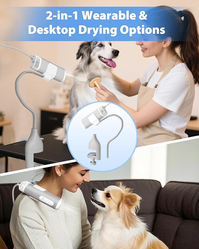 2-in-1 Hands-Free Dog Hair Dryer with Table Clamp – Low Noise Pet Grooming Dryer for Dogs & Cats, Adjustable Heat & Speed, Wearable or Desktop Use(Gray)-PurrikoPets