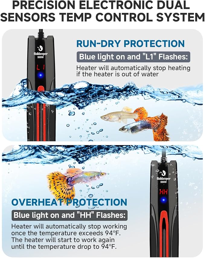 fishkeeper 500W Submersible Aquarium Heater for 65-120 Gal Fish Tanks (Run-Dry/Overheat/Low-Temp Protection)(Precision Electronic Smart Thermostat)(Adjustable Temperature) Ultra-Safe Fish Tank Heater-PurrikoPets