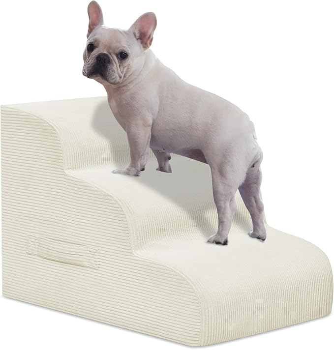 Dog Steps for Small Dogs, 3-Step Pet Ramp Stairs for High Beds and Sofa, Non-Slip Pet Stairs for Small Dogs and Cats, Removable and Easy to Clean Cover, Beige-PurrikoPets