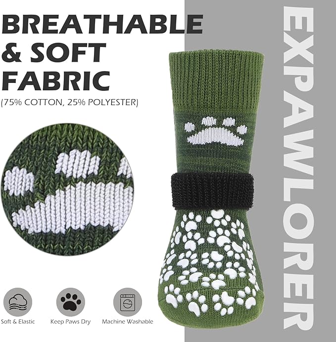 EXPAWLORER Anti Slip Dog Socks to Prevent Licking Paws, Shoes for Hot Pavement, Dog Booties for Small Medium Large Senior Dogs, Traction Control Boots & Paw Protectors for Hardwood Floors ArmyGreen-PurrikoPets