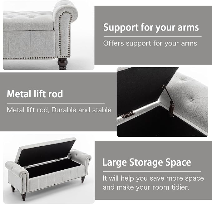 58’’ Storage Bench for Bedroom, Upholstered Button-Tufted Ottoman with Solid Wood Legs, Queen Size End of Bed Shoe Cabinet, Window Seat Foot Rest Stool for Entryway, Living Room (Silver)-PurrikoPets