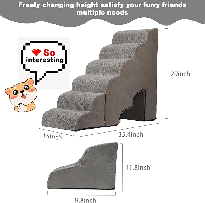 Dog Stairs for High Beds 25-30 inches Tall, 6-Step Dog Steps for High Bed for Doggies/Kitties, 30D Foam Pet Stairs Steps for Small Dogs, Dog Ramp/Ladder for Old Dogs/Cats, Grey-PurrikoPets
