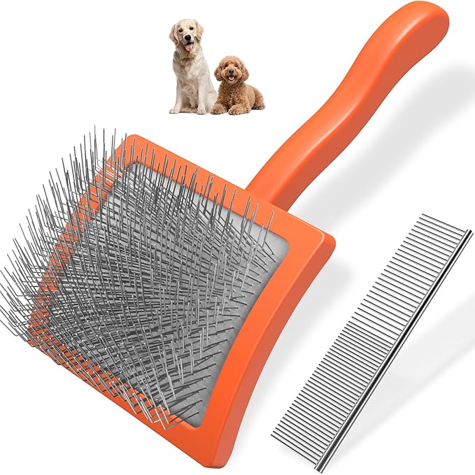 2PCS Slicker Brush for Dogs & Pet Comb,Professional Dog Grooming Brush (Goldendoodles,Poodles,Labradoodles) with Extra Long Pins to Effectively Remove Tangles, Knots and Mats (Orange)-PurrikoPets