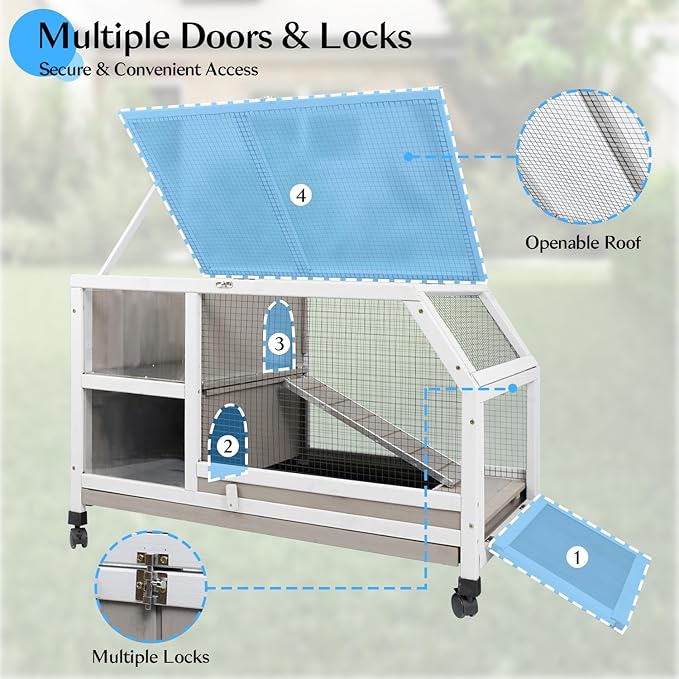 36''L Rabbit Hutch Outdoor with Casters and Run, Wooden Indoor 2 Story Guinea Pig Cage with Divider Panel, Pull Out Tray, Rabbit Duck Bunny House for Small to Medium Animals and Pet Lover, Gray-PurrikoPets