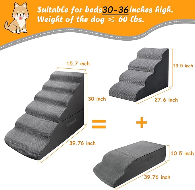 Dog Stairs&Steps for 30 Inches Tall High Bed Up to 30-36 Inch, Pet Dog Ramp Ladder for Small Dogs, Doggie, Old Cats, Kitty, Small Animals Grey-PurrikoPets