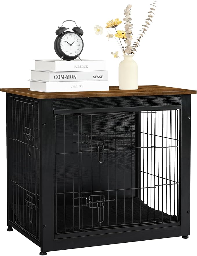 DWANTON Dog Crate Furniture with Cushion, Wooden Kennel Table with Double Doors, Indoor Dog House, Small/Medium/Large Size, 27.2" L, Black+Warm Brown-PurrikoPets