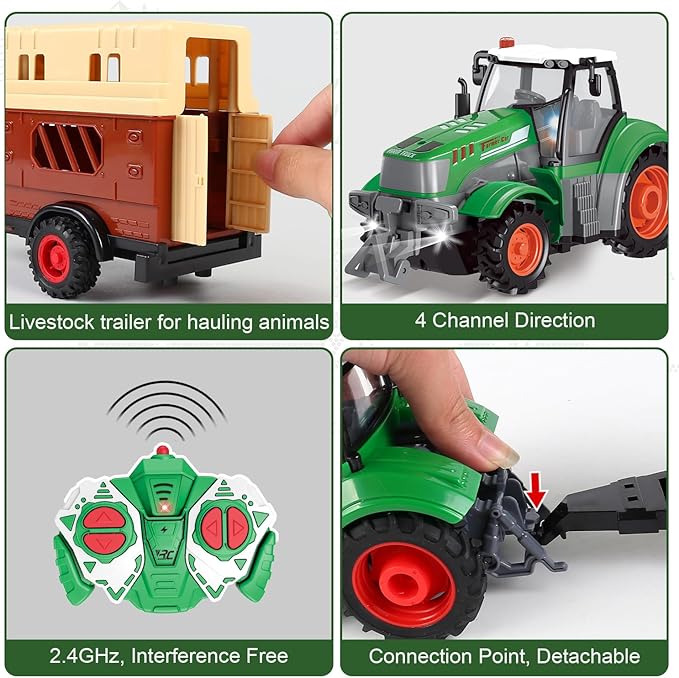 fisca Remote Control Tactor Toy Set & 33PSC Farm Vehicle Playset - Animal Figurines ,2.4GHz 1/24 Scale RC Tractor,Livestock Trailer, Fence with Light for Kids Age 4, 5, 6, 7 and Up Years Old-PurrikoPets