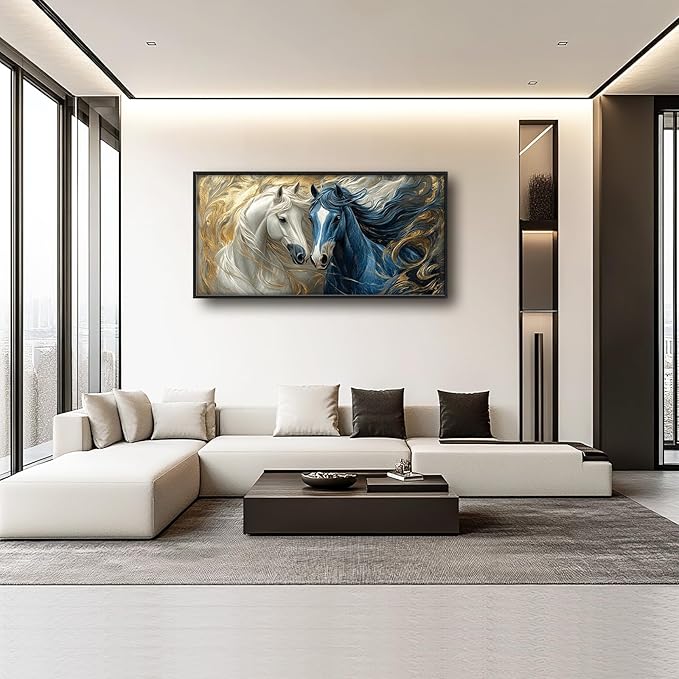Framed Large Horse Wall Art for Living Room, Oversized Abstract Horses Wall Decor Blue and Golden Canvas Painting Animal Pictures Modern Artwork for Living Room Bedroom Office 60"x30"-PurrikoPets