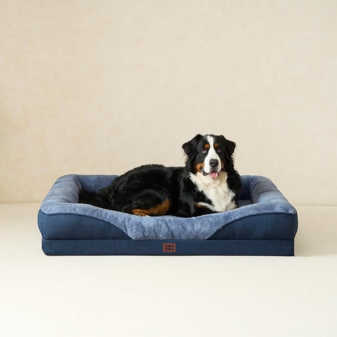 EHEYCIGA Memory Foam Dog Bed for Large Sized, Orthopedic Dog Sofa with Sides and Waterproof Liner, Washable Bolster Pet Couch with Removable Cover, 41x27x7.5 Inch, Navy-PurrikoPets