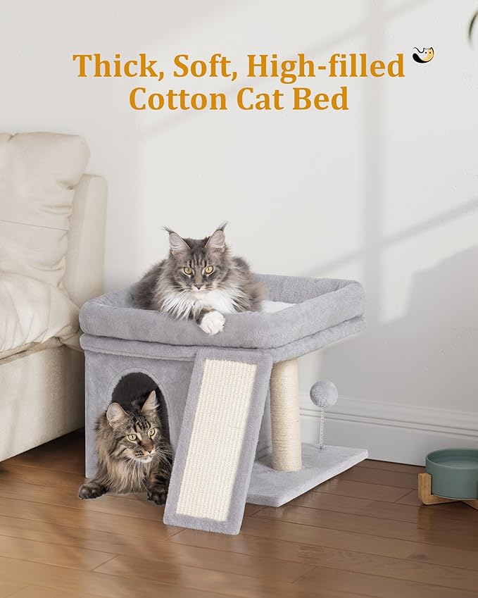 14in Cat Tree Tower with 20 * 16.5in Perch Bed and Washable Top for Large Adult Cats, Condo and Scratching Post for Indoor Kitten Pet, Light Gray-PurrikoPets