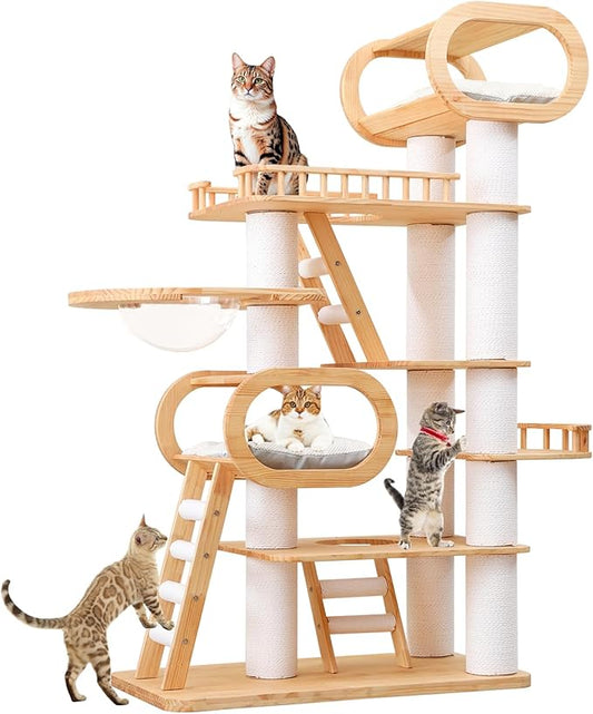 77‘’ Modern Cat Tree, Tall Wood Cat Tower for Indoor Cats Large Adult, Heavy Duty Cat Tree with Scratching Post, Luxury Kitty Condo, Sturdy Cat Furniture with 1 Transparent Bed and 3 Climb Labber-PurrikoPets