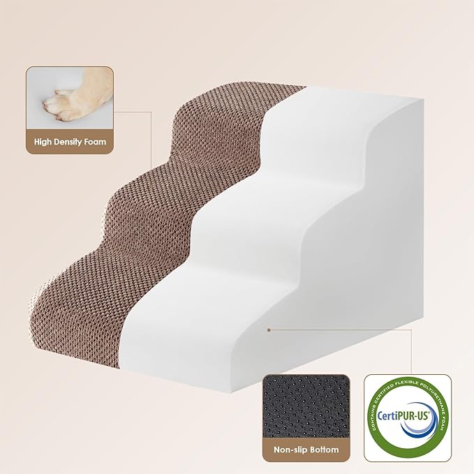 EHEYCIGA Curved Dog Stairs Ramp for Small Dogs 15.7" H, 3-Step Dog Steps for Couch Sofa and Chair, Pet Stairs for Cats, Non-Slip Balanced Pet Steps Indoor, Brown-PurrikoPets