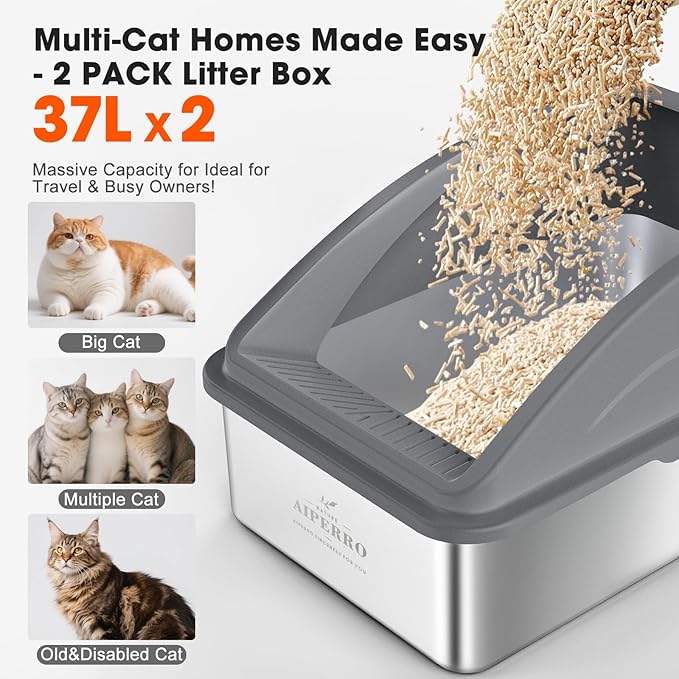 2 Pack Stainless Steel Litter Box | XL Enclosed Cat Litter Boxes with Lid for Big Cats and Multi-Cats | High Sided, Anti-Urine Leakage | Non-Stick Bottom（Multi-Colored）-PurrikoPets