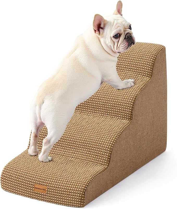 Gardner Pet Dog Stairs for Small Dogs 19.7" H, 4-Step Brown Curved Pet Stairs, Dog Steps for High Bed (18-24 in), Couch with Durable Non-Slip Waterproof Fabric Cover and CertiPUR-US Certified Foam-PurrikoPets