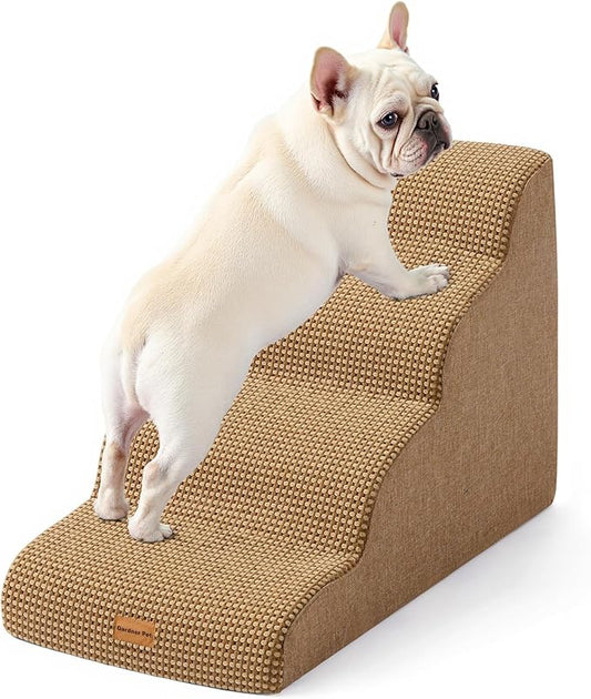 Gardner Pet Dog Stairs for Small Dogs 19.7" H, 4-Step Brown Curved Pet Stairs, Dog Steps for High Bed (18-24 in), Couch with Durable Non-Slip Waterproof Fabric Cover and CertiPUR-US Certified Foam-PurrikoPets