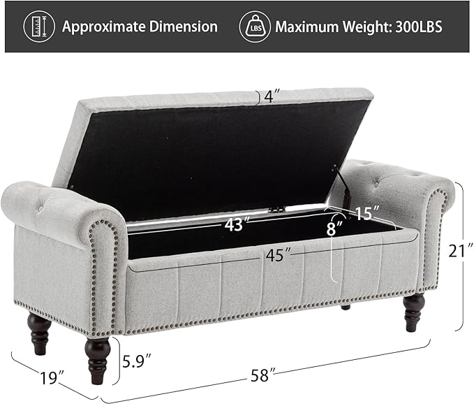 58’’ Storage Bench for Bedroom, Upholstered Button-Tufted Ottoman with Solid Wood Legs, Queen Size End of Bed Shoe Cabinet, Window Seat Foot Rest Stool for Entryway, Living Room (Silver)-PurrikoPets