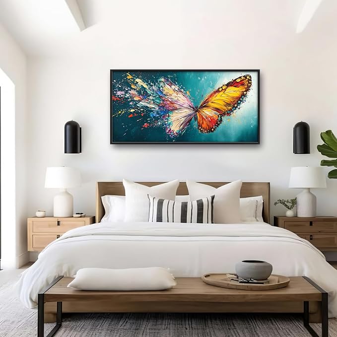 Extra Large Framed Abstract Butterfly Wall Art,Colorful Graffiti Wall Decor,Splashing Wings Pictures for Living Room,Canvas Print Painting Modern Artwork Bedroom Office Bathroom Home Decor 60L x30W-PurrikoPets