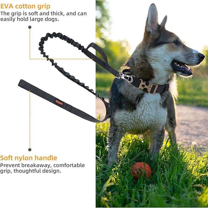 EXCELLENT ELITE SPANKER Tactical Bungee Dog Leash Military Adjustable Dog Leash Quick Release Elastic Leads Rope with 2 Control Handle(Black-PurrikoPets