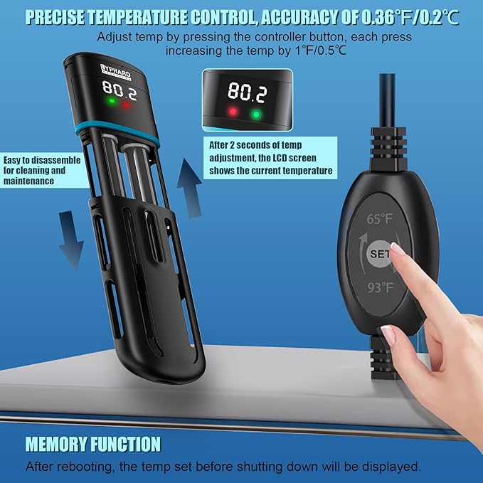 Electronic Aquarium Heater, 100W Small Fish Tank Heater, Adjustable Submersible Heater PID Temperature Control with LED Digital, Water Dry Automatic Shut Off for Fresh Seawater-PurrikoPets