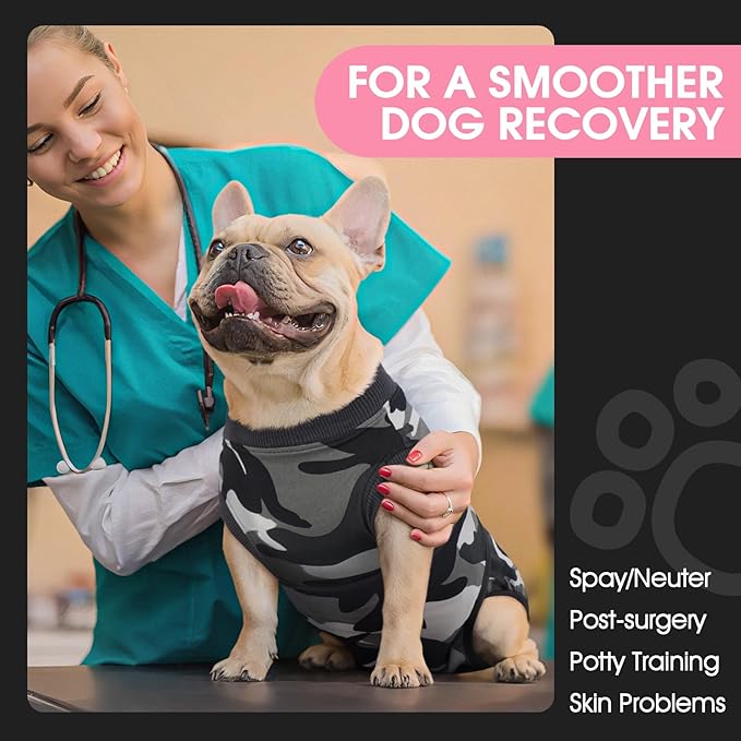 FUAMEY Dog Recovery Suit Male,Dogs Surgery Neuter Suits Puppy Spay Shirts for Female Protect Dog's Skin Anti Licking Abdominal Wounds Doggie Onesie Pet Bodysuit Alternative to Cone Grey Camouflage XS-PurrikoPets
