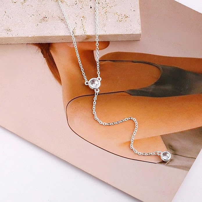 Lariat Silver/Gold Necklace for Women 925 Silver/14K Gold Plated Dainty Long Necklace Y-Shaped Drop Pendant Necklaces Choker Trendy Chain Simple Layered Necklaces CZ Jewelry for Women Set Gift