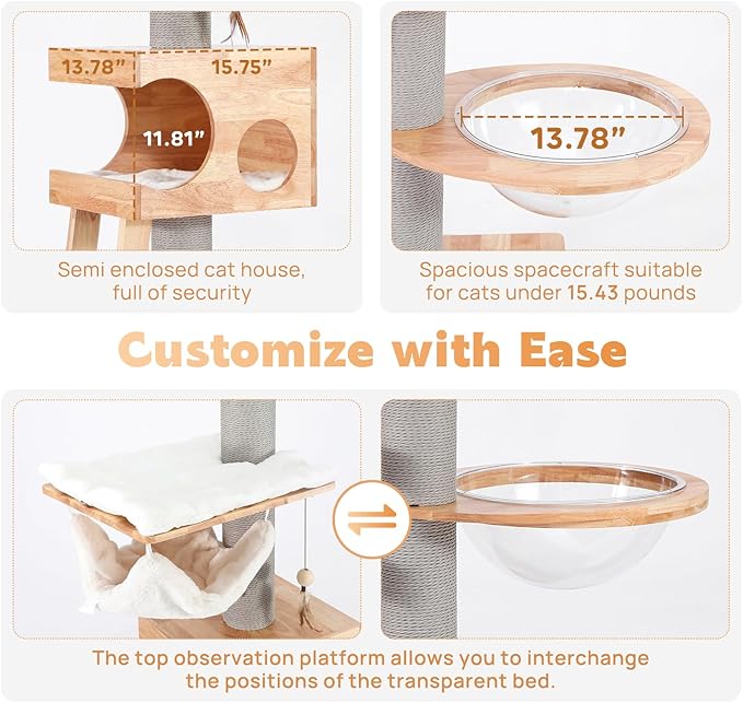 63-inch Modern Cat Tree, Luxury Cat Tower with Scratching Post, Unique Cat Condo with Hammock, Heavy Duty Kitty Climbing Tree for Indoor Cat, Wooden Kitty House for Small Medium Large Cats-PurrikoPets