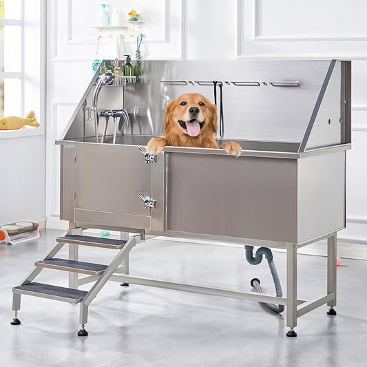 Albott 60 Inch Stainless Steel Dog Washing Station with Anti-Slip Steps, Sprayer, Faucet, Soap Box, Tow Rope – Professional Pet Bathtub for Large Pets, Ideal for Home, Garage, and Grooming(Left)-PurrikoPets