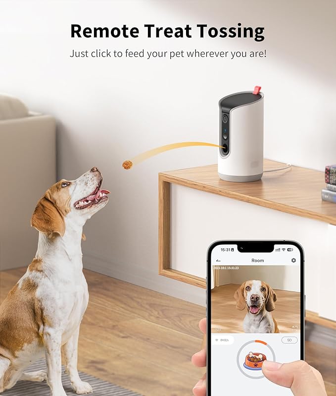 2K Pet Camera Treat Dispenser, 360°View Dog Camera with Phone App, 5G&2.4G WiFi 2-Way Talk Pet Cam Indoor for Cats Remote Treat Tossing, Motion Alerts, Auto Tracking-PurrikoPets