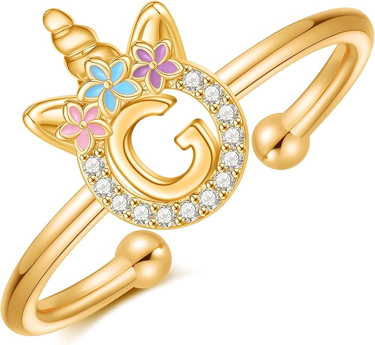 Unicorn Rings Gifts for Girls - Adjustable Initial Ring Dainty Cute Unicorn Rings for Girl Teens Little Girls Jewelry Birthday Gift
