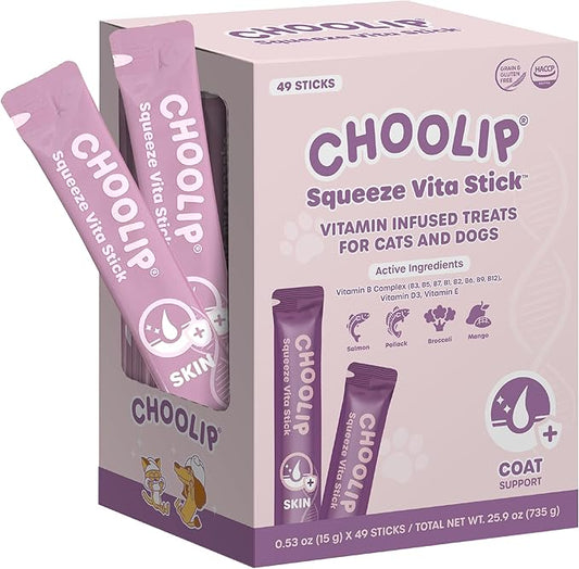 Grab & Go Squeeze Vita Stick Lickable Treats for Dogs & Cats. 49 Coat Support Sticks with Essential multivitamins. Soft and Tasty Paste for All Life Stages, Supporting Coat Health-PurrikoPets