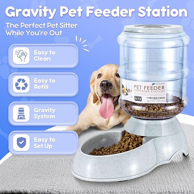 Flexzion Gravity Pet Feeder Food Dispenser (6-12 lb Size) Automatic Replenish Dry Food Storage Container Bowl for Small Medium Breed Dog Cat Animal Feeding Watering Fountain Supplies-PurrikoPets