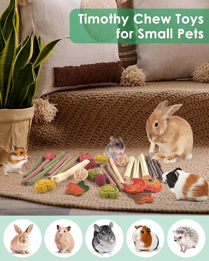 ERKOON 33PCS Bunny Chew Toys for Rabbits Teeth, Natural Rabbit Toys Apple Wood Sticks, Carrot, Timothy Grass Toys for Small Pets, Hamster, Chinchilla, Guinea Pig Dental Care and Treat Teething Toys-PurrikoPets