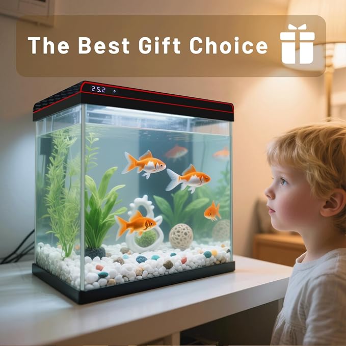 5 Gallon Glass Fish Tank Aquarium Starter Kit - Self-Cleaning, Ultra-Quiet Filter Pump, 3-Color LED Lights, Smart Temp Monitoring for Betta Fish, Shrimp, Kids Gift-PurrikoPets