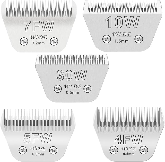 5PCS Wide Blades for Dog Grooming Blades Compatible with Andis Dog Clippers,Size #10W+30W+4FW+5FW+7FW Dog Clipper Blades Compatible with Oster A5,Wahl km10 Dog Clippers,Stainless-Steel Blade Sharp-PurrikoPets