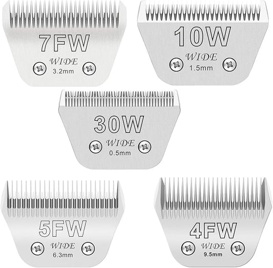 5PCS Wide Blades for Dog Grooming Blades Compatible with Andis Dog Clippers,Size #10W+30W+4FW+5FW+7FW Dog Clipper Blades Compatible with Oster A5,Wahl km10 Dog Clippers,Stainless-Steel Blade Sharp-PurrikoPets