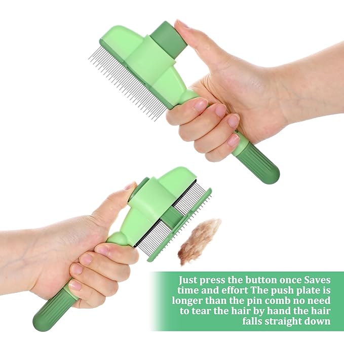 Flea Comb for Cats Dogs Brush for Shedding with Release Button Fine Tooth Pet Hair Removal Comb with Long & Short Stainless Steel Teeth for Deshedding Self-Cleaning Brush for Cat Dog Small Pets-PurrikoPets