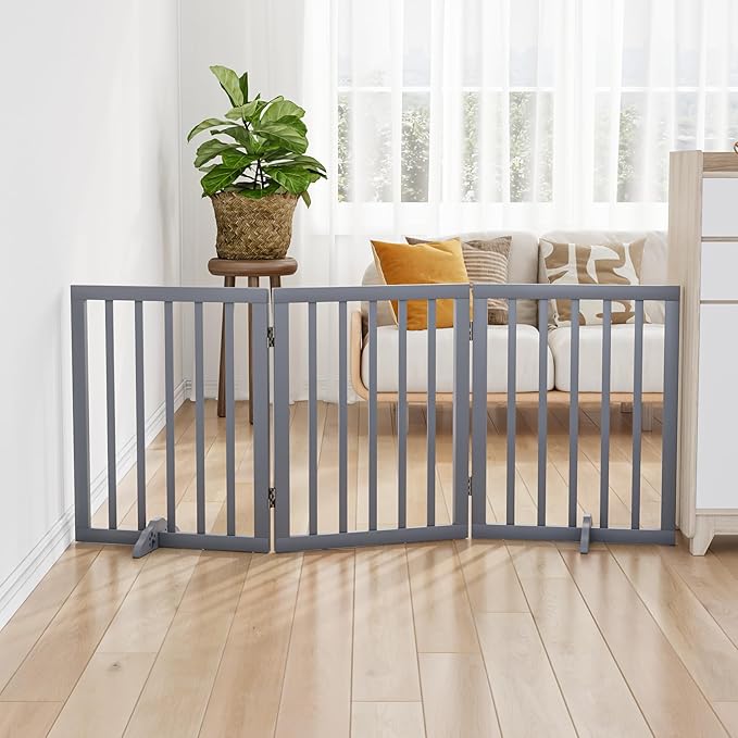 Freestanding Wooden Dog Gate - 24 Inch Tall, Support Feet, Step Over, Indoor-PurrikoPets
