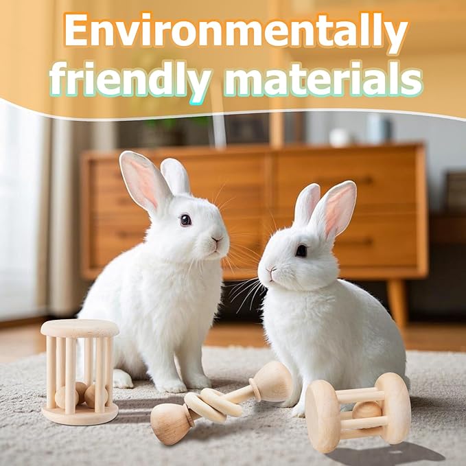 3 Pcs Natural Wooden Bunny Toys, Safe Rabbit Toys for Guinea Pig Chinchillas Hamsters Small Animals Playing Teeth Grinding Indoor Outdoor-PurrikoPets