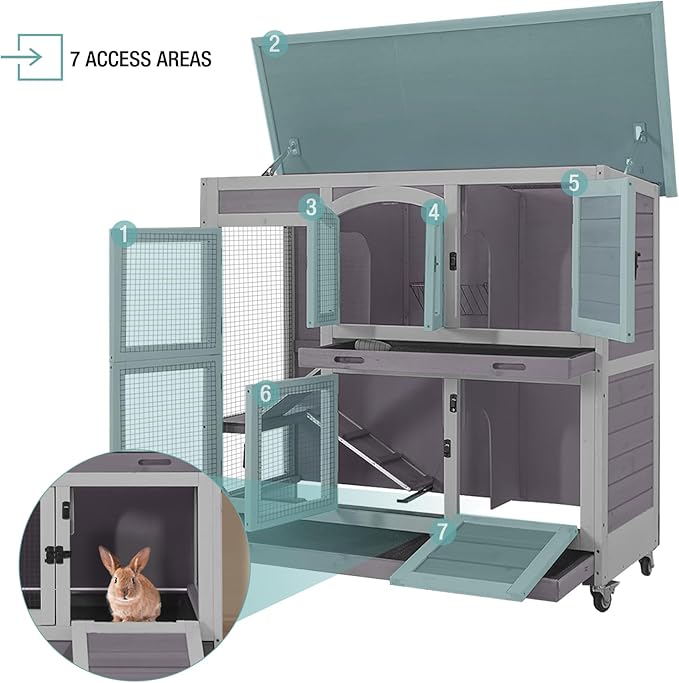 2-Tier Indoor Rabbit Hutch Bunny House Guinea Pig Cage with Sliding Plastic Trays, Wheels & Ramp, 47.2" Multi-Door Wooden Small Animal Cage for Rabbits, Bunnies, and Guinea Pigs (Grey)-PurrikoPets