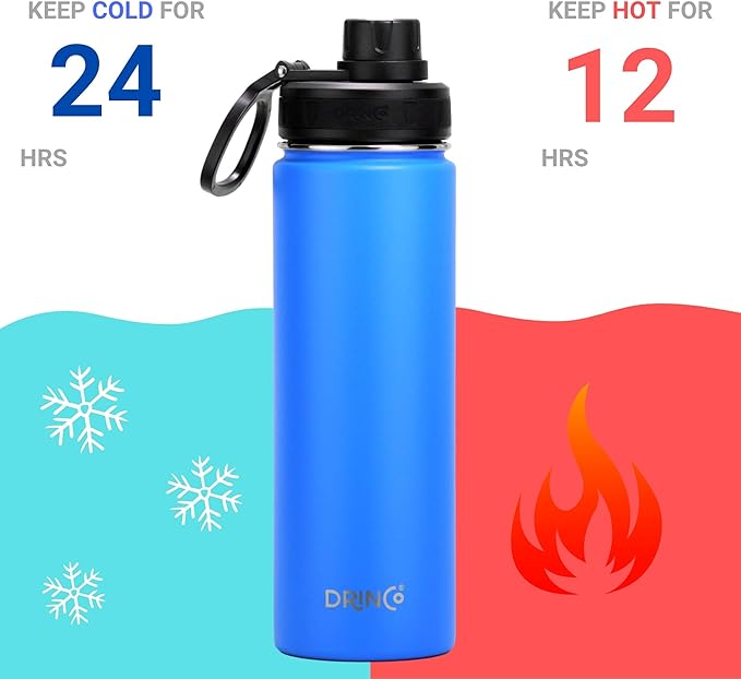DRINCO Stainless Steel Water Bottle Spout Lid Vacuum Insulated Double Wall Water Bottle Wide Mouth (40oz 32oz 22oz 18oz 14oz) Leak Proof Keeps Cold or Hot (22 oz, 22oz Royal Blue)-PurrikoPets
