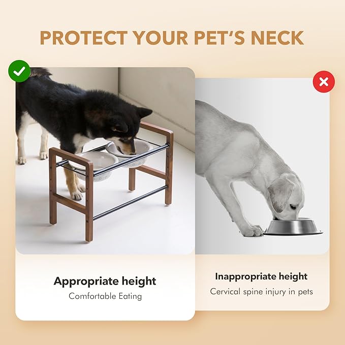 7.1inch Ceramic Adjustable Raised Double Bowls Set with Stand, 3 Heights Elevated, 2 Placement Options,Food and Water Bowls for Medium and Large Dog(Reactived Glaze -White)-PurrikoPets