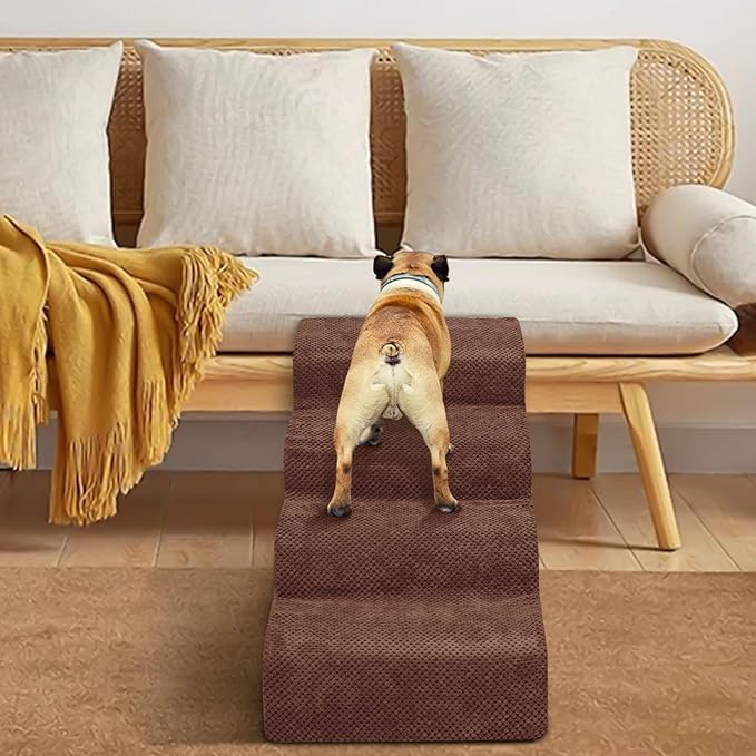 Dog Stairs for Small Dogs - High Density Foam Pet Steps, Extra Wide Dog Ramp with Non-Slip Bottom for High Beds, Couch and Sofa, Best for Dogs Injured, Older Doggy Cats,4 Steps, Brown-PurrikoPets
