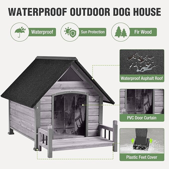 Dog House Outdoor with Anti-Chewing Iron Frame, Weatherproof Dog Kennel for Small Medium Large Dogs Indoor (Grey, 45" x 32.9" x 32.6")-PurrikoPets