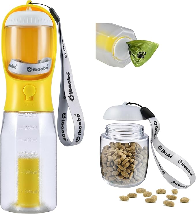 Dog Water Bottle with Food Container & Poop Bag Holder, Travel Water Bowl, Portable Pet Dispenser, Dog Stuff Accessories Items, Puppy Essentials Necessities for Yorkie Chihuahua Walking Hiking-PurrikoPets